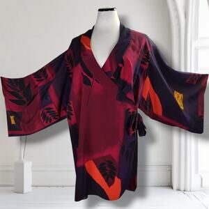 Vintage Natori Kimono Sleeve Abstract Lounge Dress Caftan Multicolor Size L